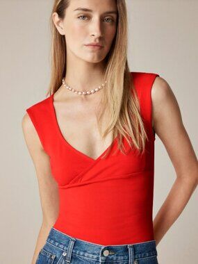 NWT  J.Crew Stretch cotton cap-sleeve crossover red sexy shirt top V neck Size S